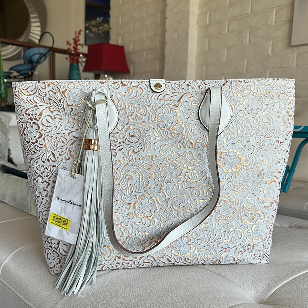 Tommy Bahama White and Gold Tote Bag with Structured Design